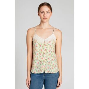 Miss Me Floral Button Front Lace Insert Sleeveless Top S
